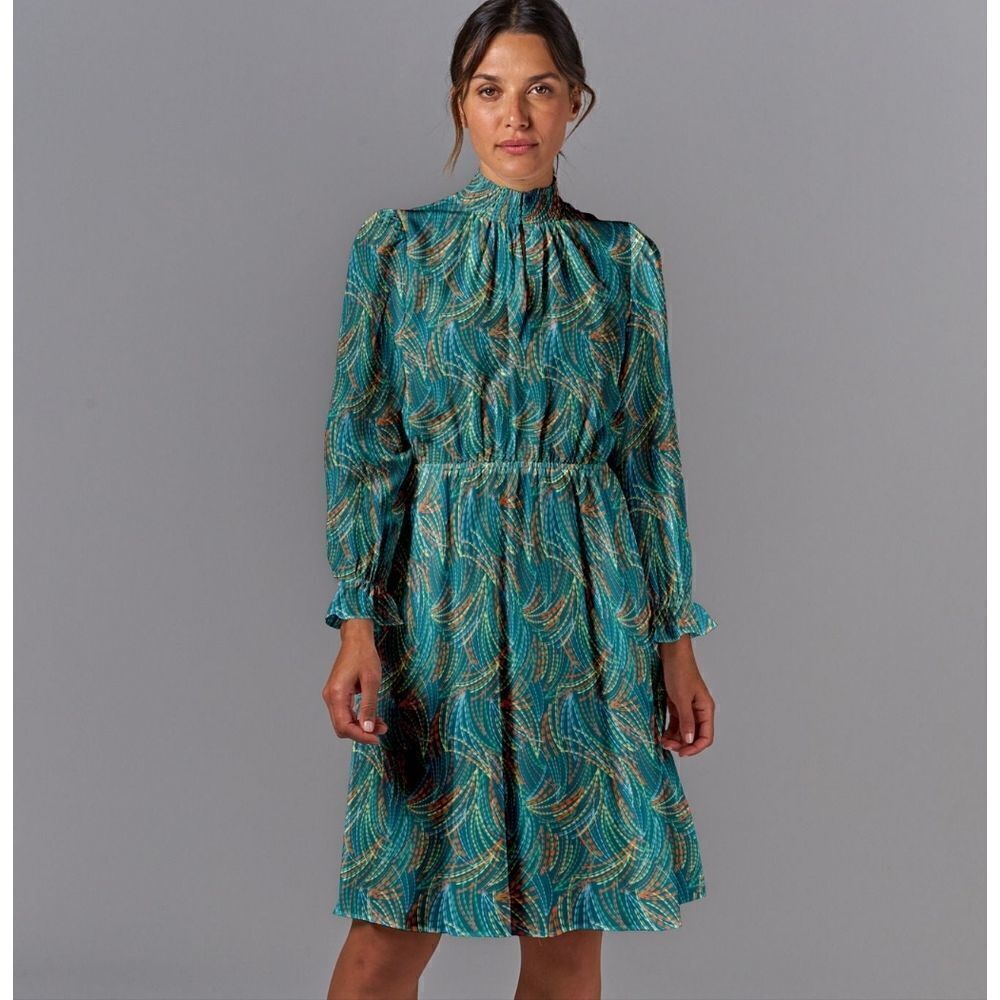 Tucker Stella Dress Emerald Retro Geo in Stretch Charmeuse Silk Mock Neck